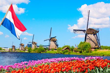 Bild mit holländischen Windmühlen, Tulpen, Wasser und der niederländischen Flagge