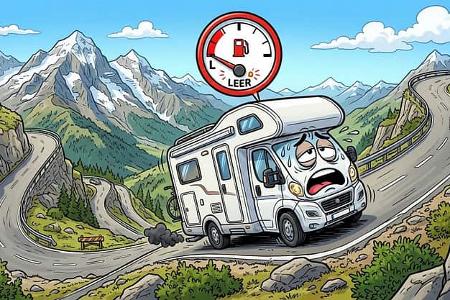 Wohnmobil Berg, Comic Stil, Tank leer