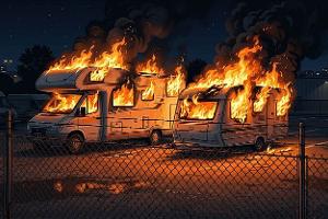 Brennendes Wohnmobil neben brennendem Wohnwagen, Brand auf Parkplatz