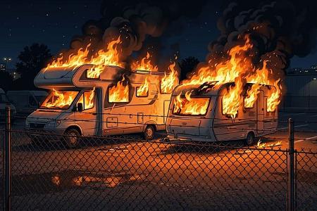 Brennendes Wohnmobil neben brennendem Wohnwagen, Brand auf Parkplatz