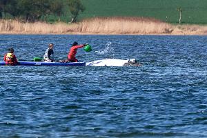 Der Buckelwal wird von Helfern vor der Insel Poel mit Wasser aus einer Gießkanne bespritzt.