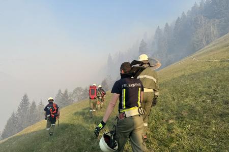 Feuerwehrleute bekämpfen einen Waldbrand in den Bergen im Kärntner Lesachtal in Österreich.