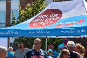 "Hol dir dein Land zurück", steht auf dem Schirm am Stand. Auf den Straßen in Sachsen-Anhalt hat die AfD inzwischen eine Menge Land erobert.