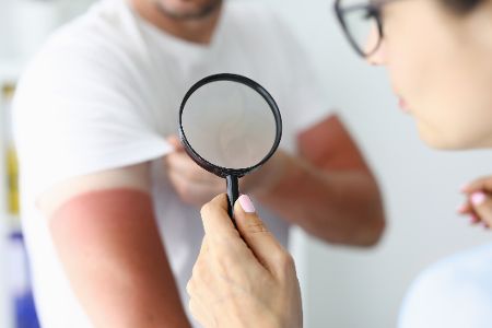 Arzt untersucht Person mit starkem Sonnenbrand