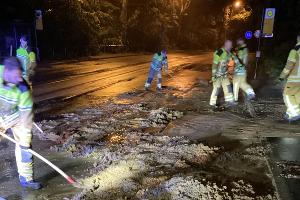 © Feuerwehr Dresden
Mit Schaufeln und Muskelkraft wurde die Straße vom Geröll befreit.