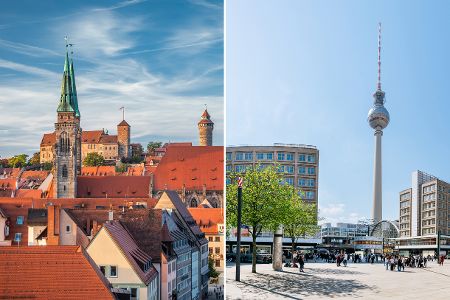 Collage aus Panoramen von Nürnberg und Berlin