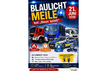 Werbeplakat für die Blaulichtmeile mit abgebildeten Fahrzeugen der Feuerwehr, THW, DRK und Polizei.