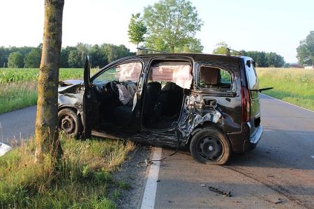 Nach mehreren Kollisionen mit drei verschiedenen Bäumen kam der Citroën auf dem Grünstreifen zum Stehen.
Foto: Polizei Minden-Lübbecke