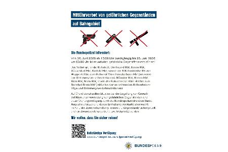 Plakat zur Allgemeinverfügung zum Mitführverbot von gefährlichen Gegenständen an Bahnhöfen in NRW