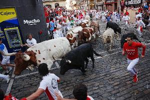 Die Stierhatzen im nordspanischen Pamplona sind schnell und gefährlich. Beim ersten von acht Läufen gab es zum Glück nur Leichtverletzte. Die Bullen aber sterben am späten Nachmittag in der Stierkampfarena.