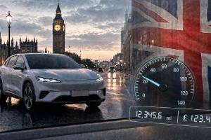 Ein Elektroauto lädt an einer Ladesäule im Hintergrund ist der Big Bang zu sehen, dazu eine eingeblendeter Union Jack. Ein Tacho mit Kilometerangabe und einem Preis-Zähler symbolisiert die Abgabe pro Kilometer