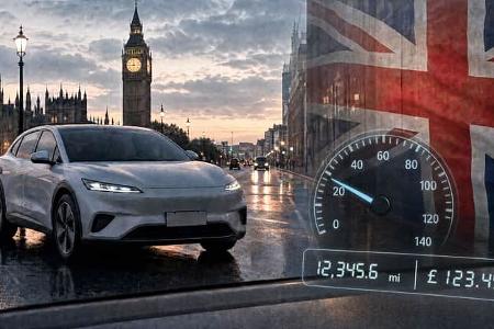 Ein Elektroauto lädt an einer Ladesäule im Hintergrund ist der Big Bang zu sehen, dazu eine eingeblendeter Union Jack. Ein Tacho mit Kilometerangabe und einem Preis-Zähler symbolisiert die Abgabe pro Kilometer