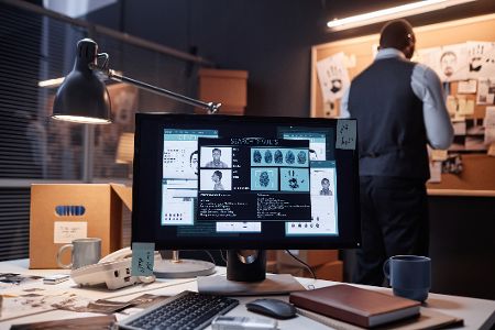 Rechner mit einer offenen Fallakte im Vordergrund, während hinten ein Ermittler arbeitet
