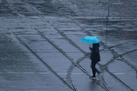 Eine Person geht bei Regen mit einem blauen Regenschirm über eine Straße in Dresden.