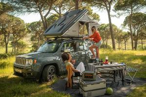 Zurück zur Natur: Prime Tech Delta Dachzelt zwischen hohen Bäumen, Leiter ausgeklappt, zwei Frauen genießen das Camping-Setup. Waldluft, Vogelgezwitscher und das Dach über dem Kopf – so schmeckt Freiheit.