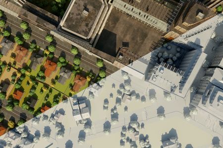 Stadtplanung mit einer Hälfte bunt, einer Hälfte grau