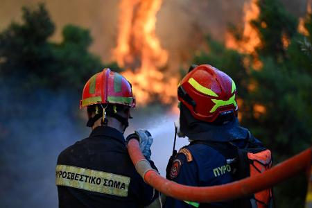 Einsatzkräfte kämpfen nordwestlich von Athen gegen die Flammen. 