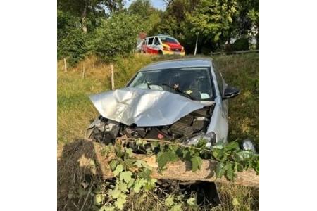 Der verunfallte VW Golf kam mit dem umgefahrenen Baum unterhalb der Böschung zum Stehen