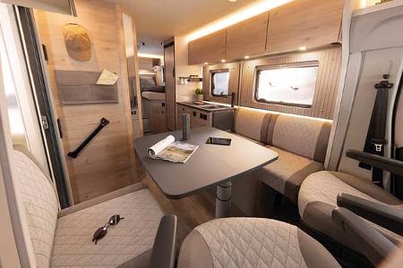 Dethleffs Just Van T5 Wohnmobil mit Face-to-Face-Sitzgruppe im Innenraum