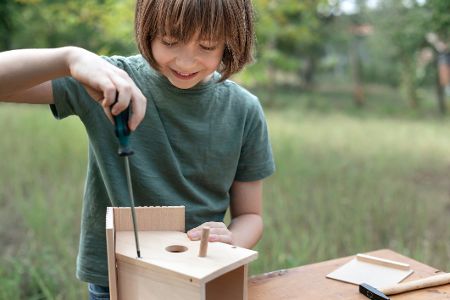 Kind schraubt Nistkasten aus Holz zusammen