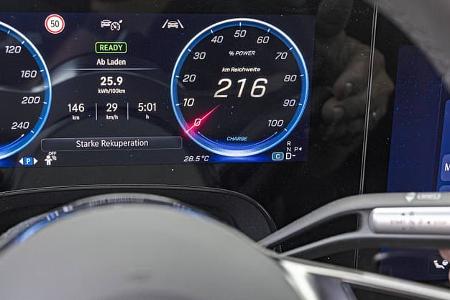 Digitales Kombiinstrument des Mercedes GLB 250+ mit Anzeige von Geschwindigkeit, Reichweite und Energieverbrauch.