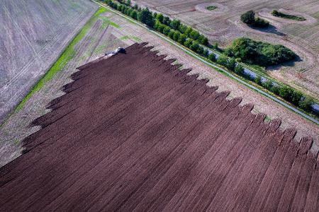 Vorbereitung für die Aussaat: Ein Traktor zieht einen Pflug über ein abgeerntetes Feld.