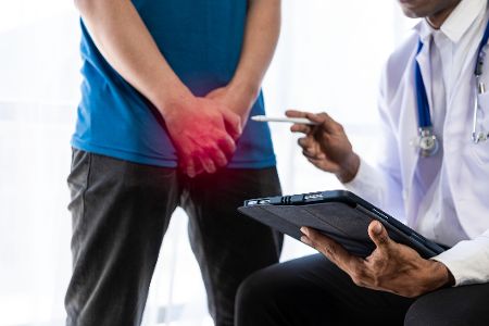 Mann mit Schmerzen hält sich beim Arzt die Hände vor das Geschlecht