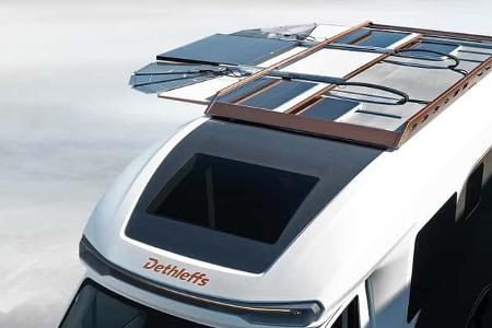 Der Dethleffs C.Core ist die Studie eines Wohnmobils der Zukunft mit Solarblume, die ausgefahren eine Markise ist und sich während der Fahrt in er Reling verstecxkt. Das Wohnmobil ist Autark und der Aufbau elektrisch.