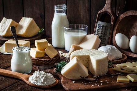 Verschiedene Milchprodukte wie Käse, Sahne, Milch, Joghurt usw. nebeneinander auf Holzbrettern