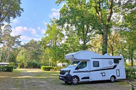 Familienurlaub im Ahorn Alkoven A690: Wohnmobil auf naturnahem Campingplatz mit Bäumen und Sonne