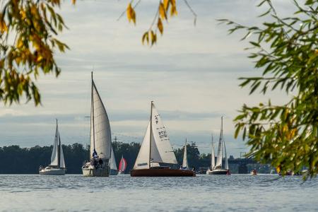 Segelboote sind bei herbstlichem Wetter auf dem Templiner See in Potsdam unterwegs.