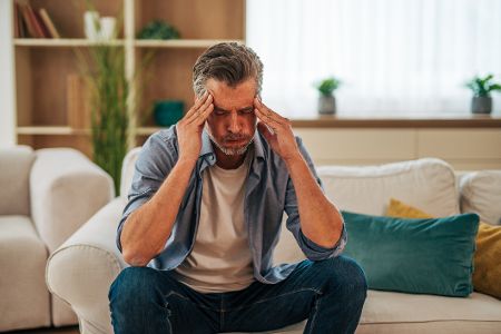 Mann mit Kopfschmerzen auf einem Sofa