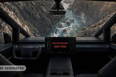 Idee: Tesla Cybertruck mit Drucktanks für Kaltgas-Triebwerken zur Erhöhung der Geländegängigkeit (Flugphase)
